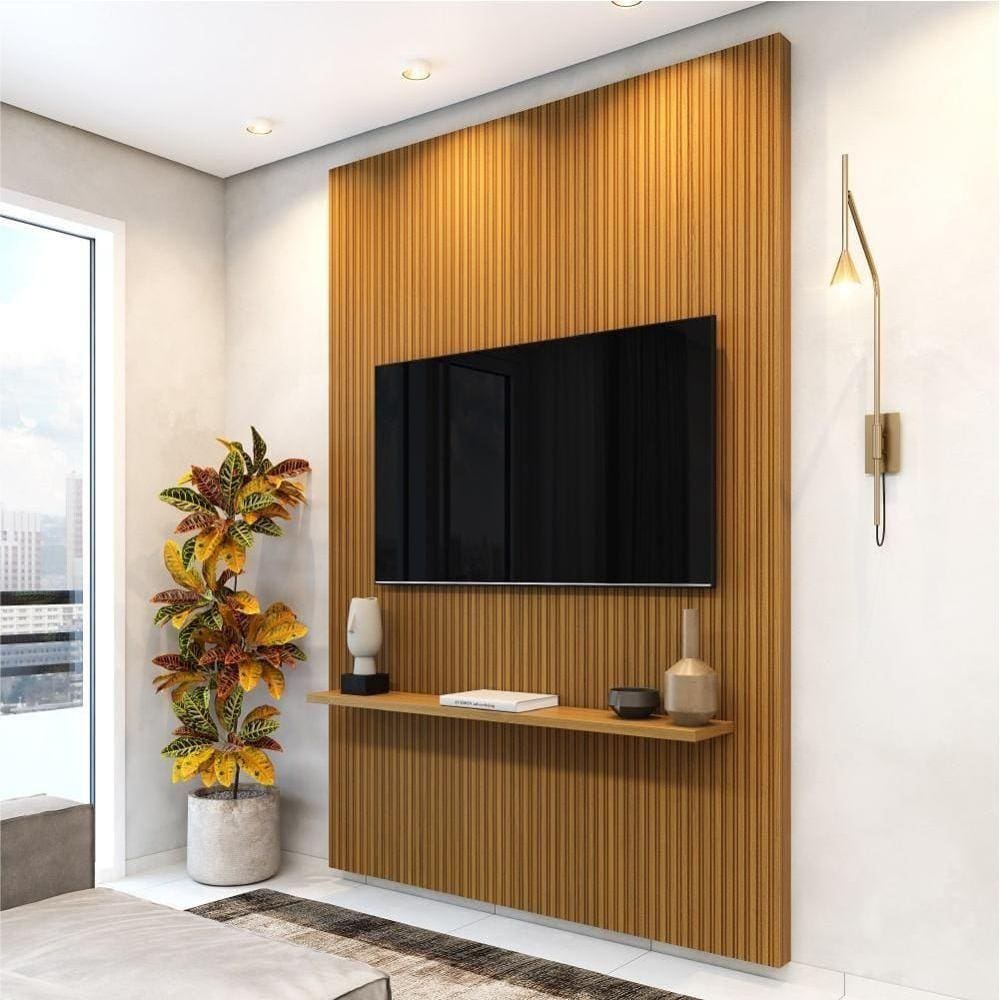 Painel Para Tv Até 55 Polegadas Ripado Impressão 3d Egeo Com Prateleira 1,35m Cedro Edn Cedro