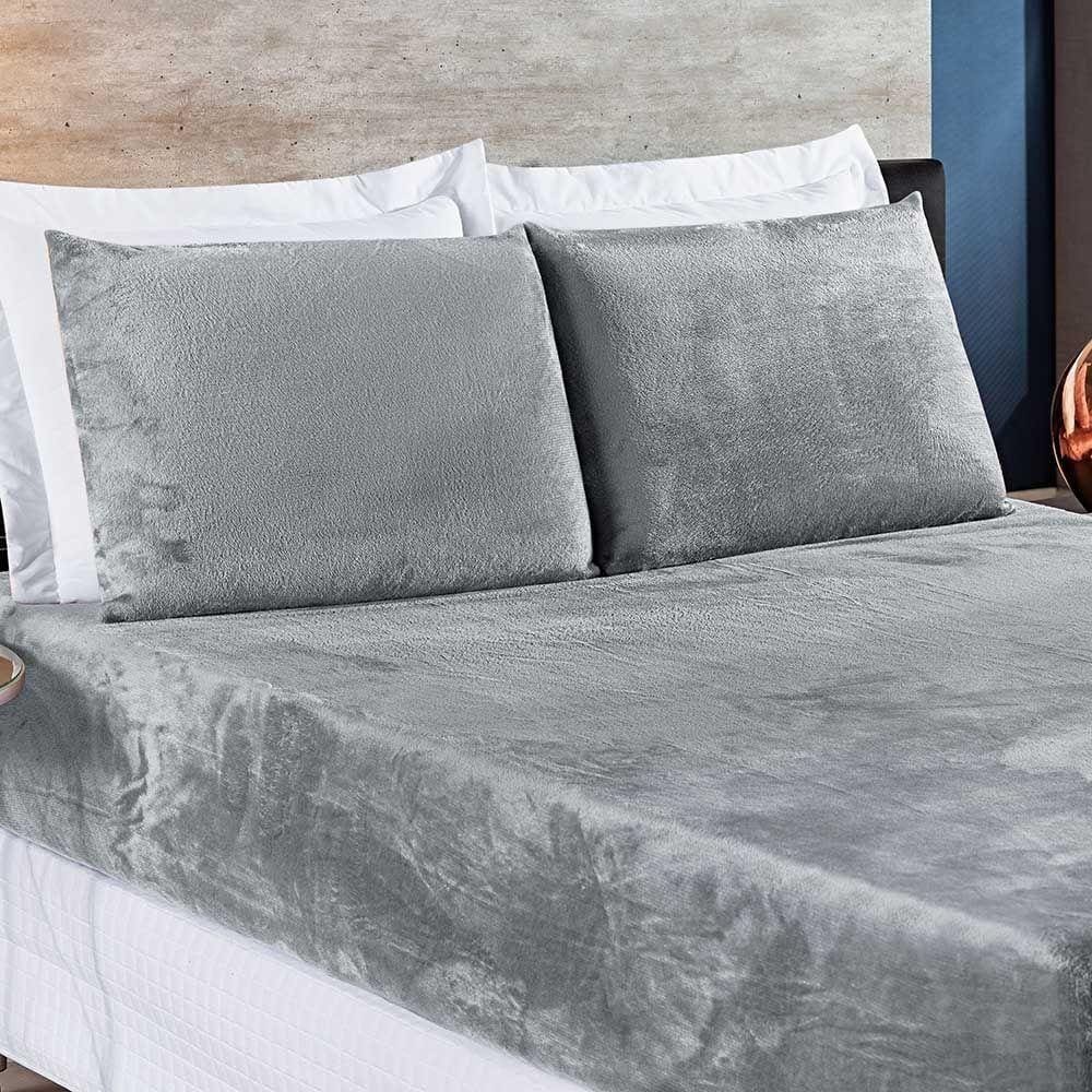 Jogo De Cama Lençol Biasoft Casal Padrão Manta Flannel Toque Extra Macio 03 Peças - Cinza