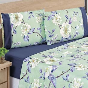 Jogo De Cama Lençol Real Solteiro Micro Percal 200 Fios 03 Peças Azul Flower