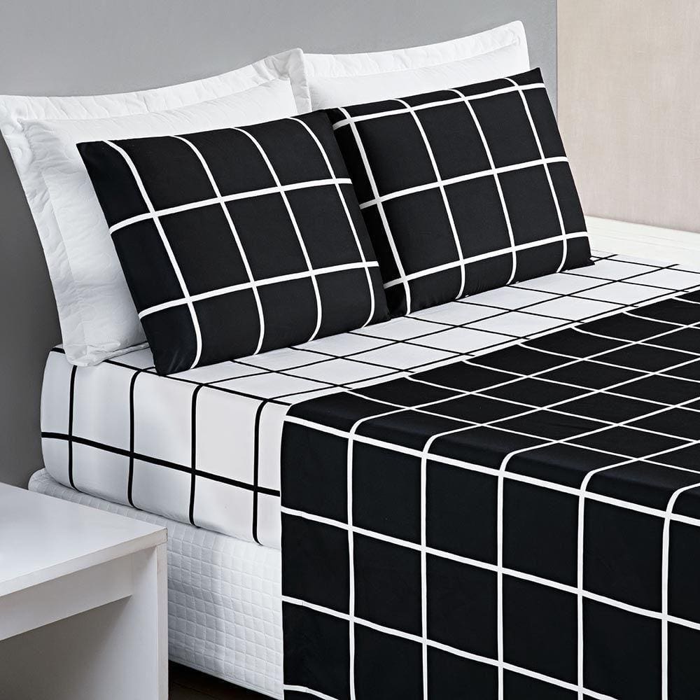 Jogo De Cama Lençol Minimalista Casal Padrão 04 Peças Micropercal 200 Fios Premium Preto