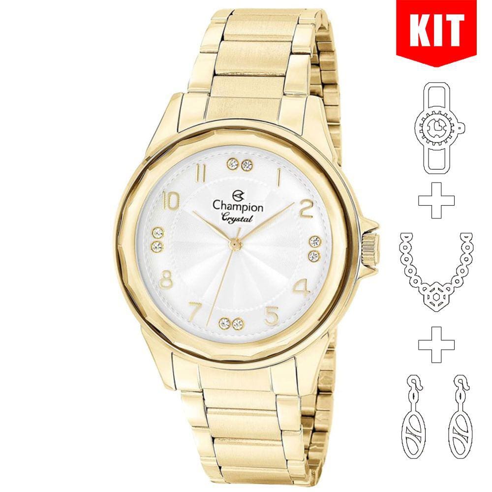 Relógio CHAMPION KIT feminino prata dourado strass CN25609W
