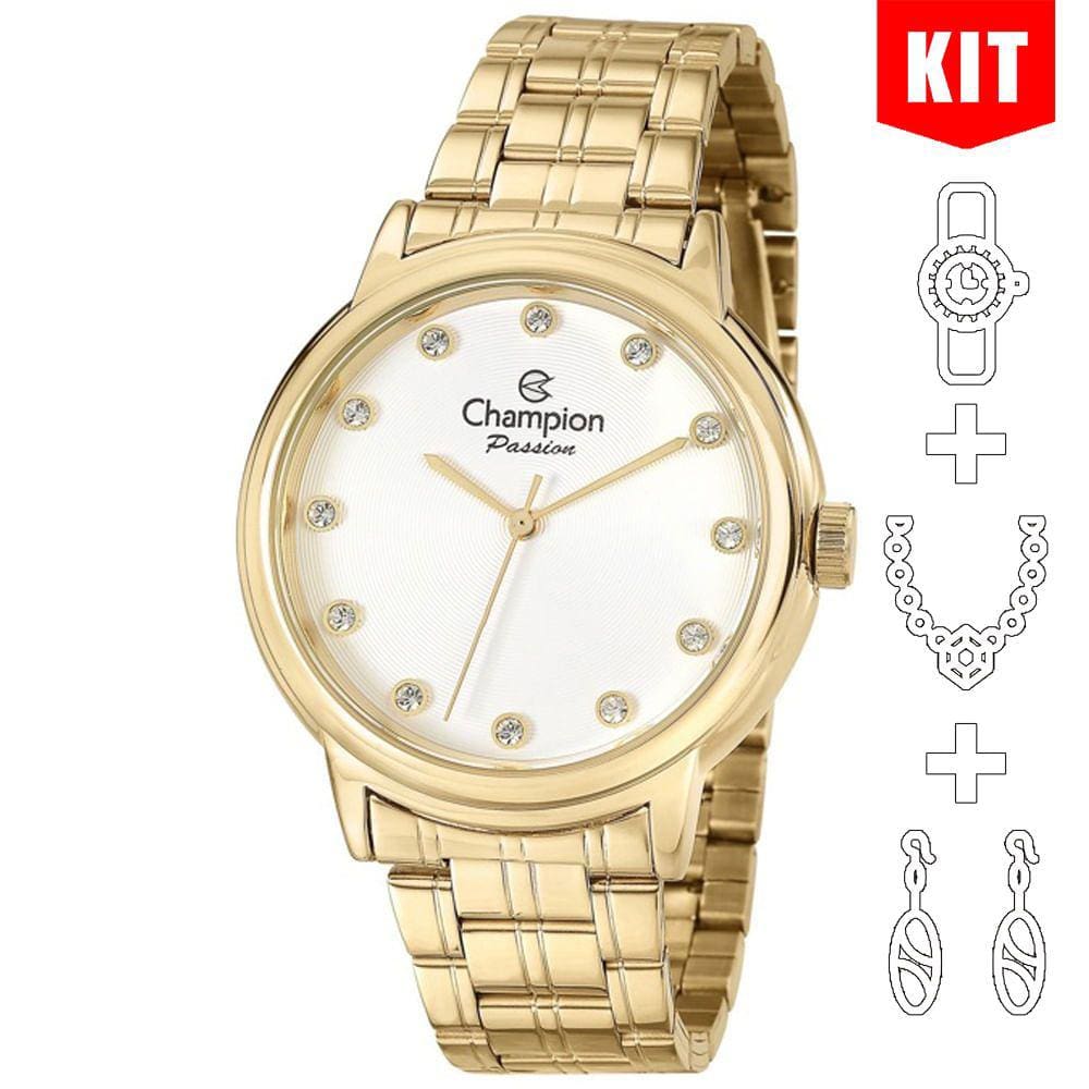 Relógio CHAMPION KIT feminino branco dourado strass CN29874W