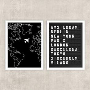 Kit 2 Quadros Viagem Placa De Aeroporto 45X34Cm