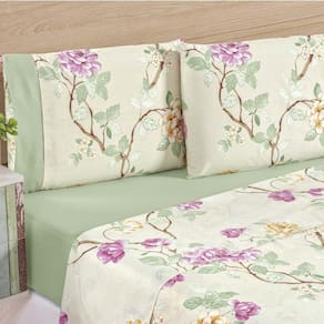 Jogo De Cama Lençol Real Casal Queen Micro Percal 200 Fios 04 Peças Belle Floral Verde