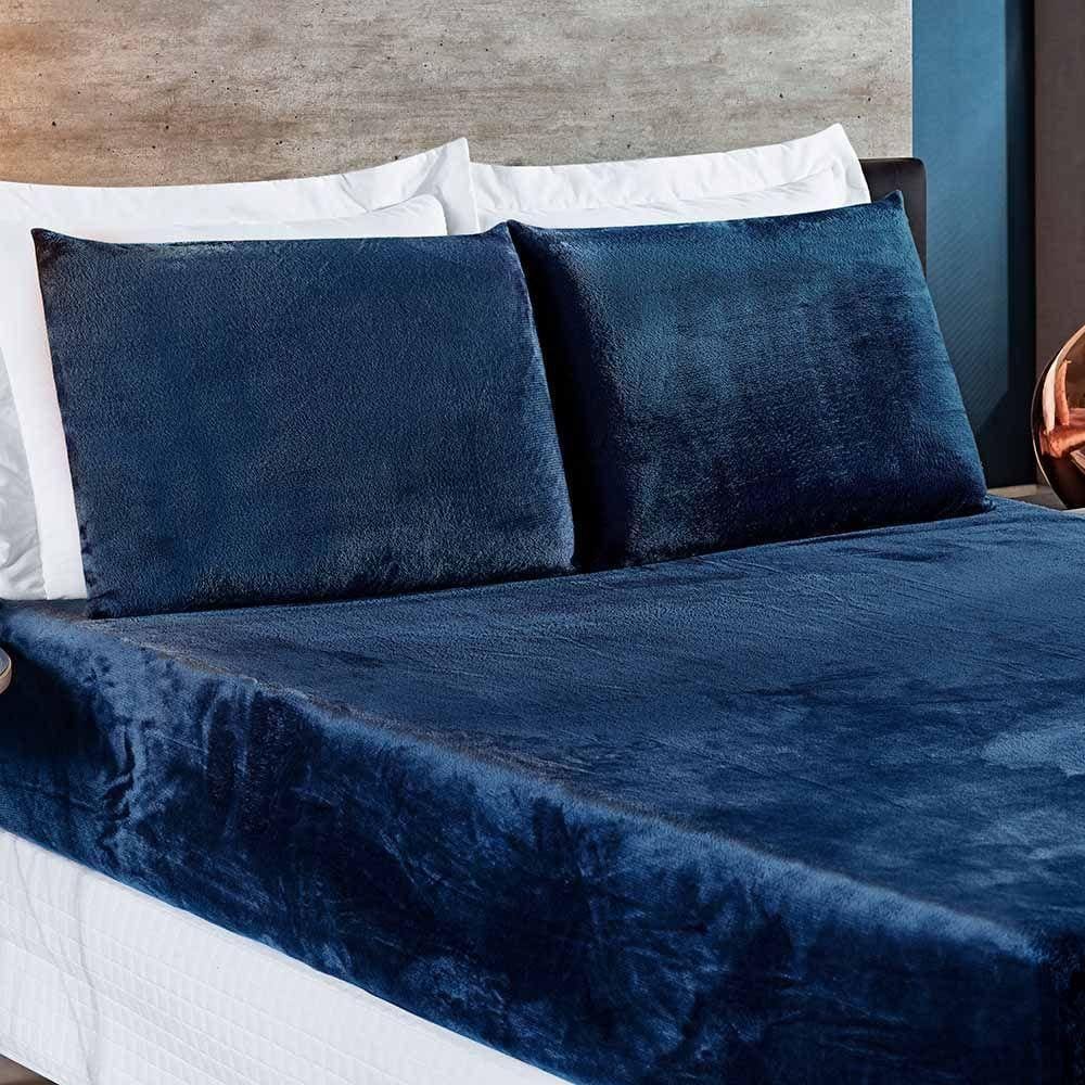 Jogo De Cama Lençol Biasoft Casal Padrão Manta Flannel Toque Extra Macio 03 Peças - Azul Marinho