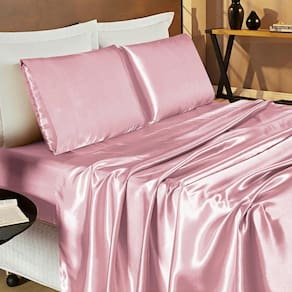 Jogo De Cama Lençol Romance Casal Queen 04 Peças Tecido Cetim Charmousse Brilhante - Rosê