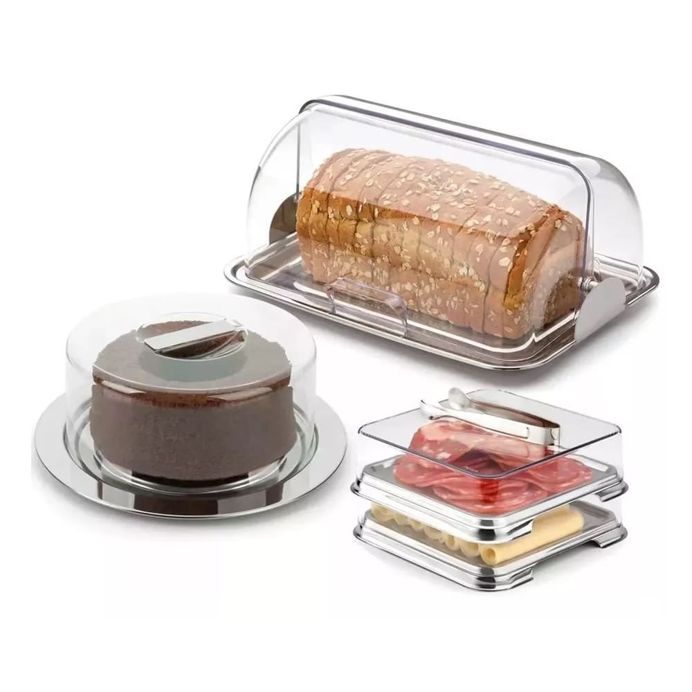 Kit Porta Pão, Porta Frios e Boleira Inox Tampa Pinça Forma