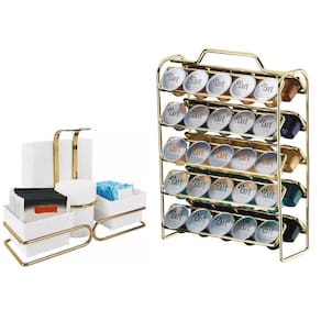Kit Suporte Porta 50 Cápsulas Café Nespresso Organizador Sachês Chá e Mexedores Dourado - Future