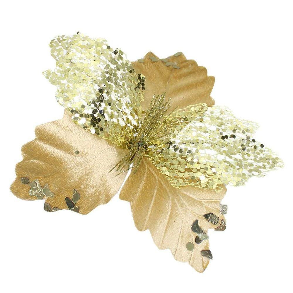 Kit 12 Flor De Natal Dourada Artificial Com Brilho 19cm