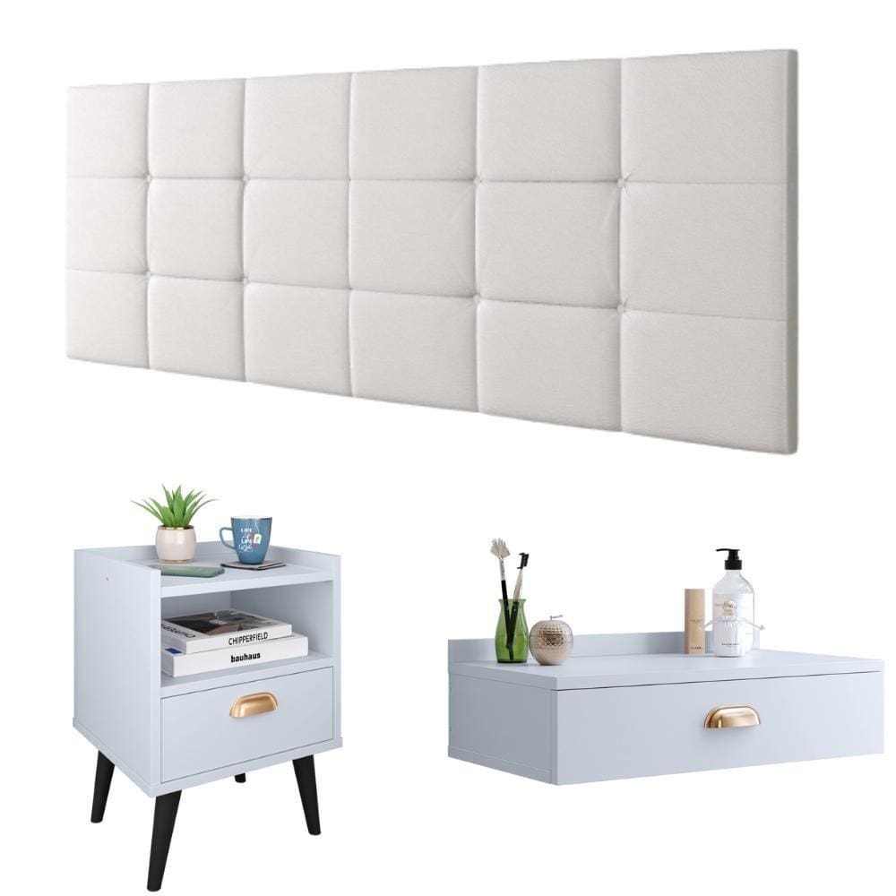 Kit Decorativo Quarto Casal Penteadeira Suspensa Gloss Mesinha Lateral Estilo Cabeceira Cama Box Queen Bia 1.60 Branco Corino - RPM Móveis