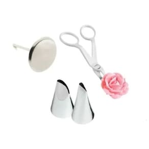 Kit com Tesoura para Decorar + Suporte Bailarina Rosa + 2 Bicos De Confeitar