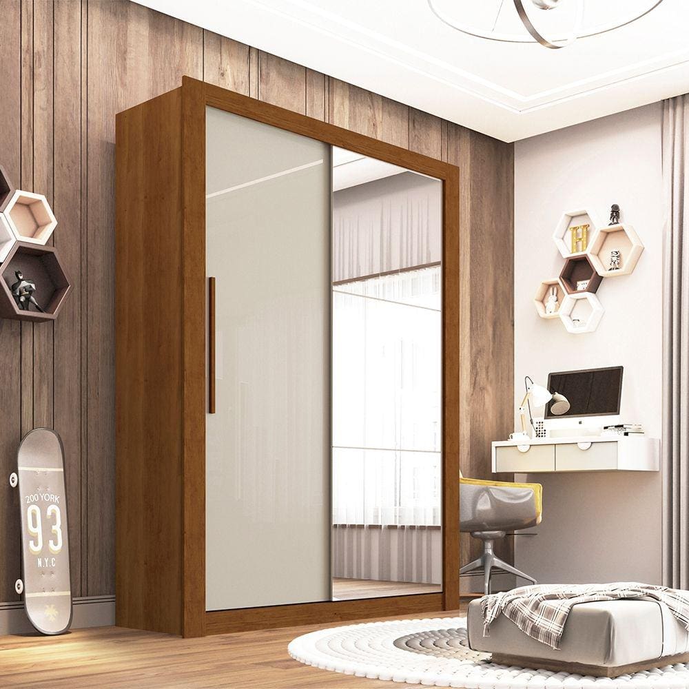 Guarda Roupa com Espelho 2 Portas 2 Gavetas Panama Sallêto Móveis - Cinamomo/Off