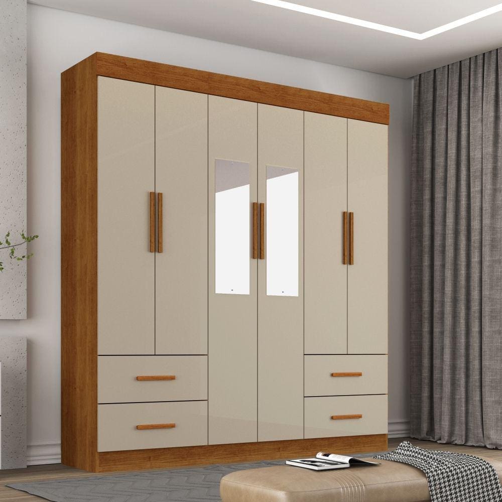 Guarda Roupa Casal Com Espelho 6 Portas 4 Gavetas New Verona Sallêto Móveis - Cinamomo/Off