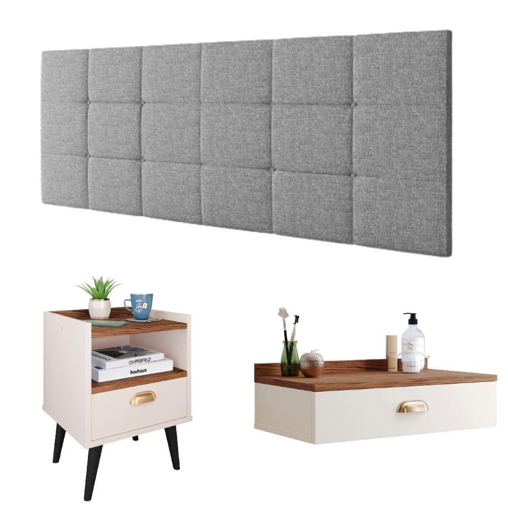 Kit Quarto Casal Penteadeira Suspensa Gloss Mesinha Lateral Estilo Off White|Freijó Cabeceira Cama Box Queen Bia 1.60 Cinza Linho - RPM Móveis - Off W