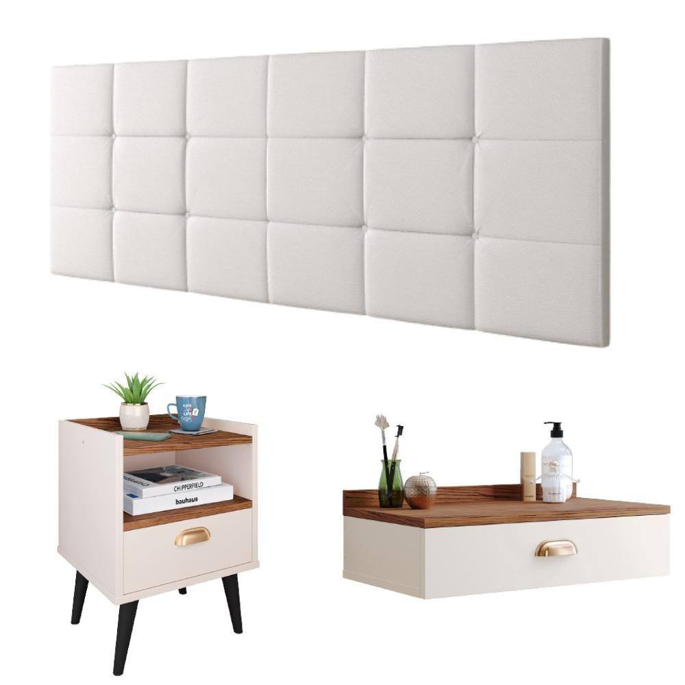 Kit Quarto Casal Penteadeira Suspensa Gloss Mesinha Lateral Estilo Off White|Freijó Cabeceira Cama Box Queen Bia 1.60 Branco Corino - RPM Móveis - Off