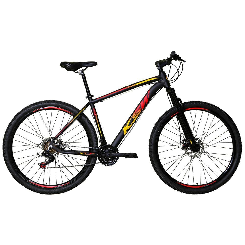 Bicicleta Aro 29 Ksw Xlt Alumínio 27v Freio a Disco Mecânico Garfo com Suspensão - Preto\Vermelho\Amarelo