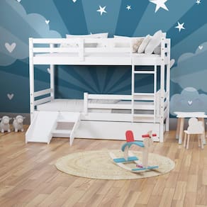 Treliche Solteiro Infantil Dreams e Mini Escada/Escorregador Madeira Maciça Branco Megamobilia