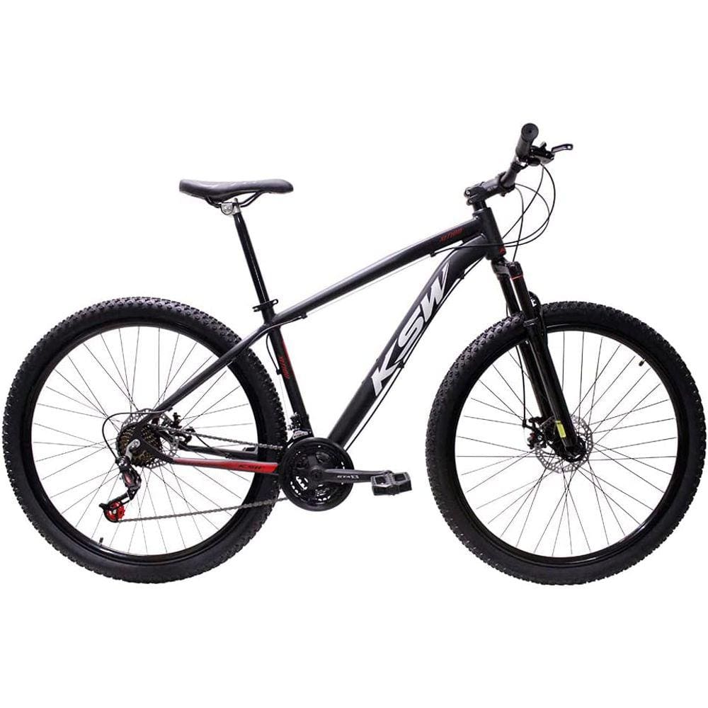 Bicicleta Aro 29 Ksw Xlt Alumínio 27v Freio a Disco Mecânico Garfo com Suspensão - Preto\Vermelho\Branco