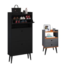 Kit Quarto Sapateira Vertical 3 Gavetas Basculantes Dark Preto e Mesinha Lateral Pequena Nicho Organizador Dream Cinza/Cinamomo – RPM
