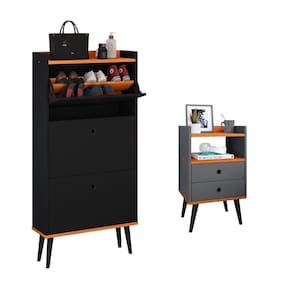 Kit Quarto Sapateira Vertical 3 Gavetas Basculantes Dark Preto/Cinamomo e Mesinha Lateral Pequena com Nicho Organizador Dream Cinza/Cinamomo – RPM