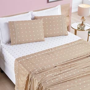 Jogo De Cama Lençol Celine Casal King 04 Peças Micropercal 200 Fios Bolinhas - Cáqui