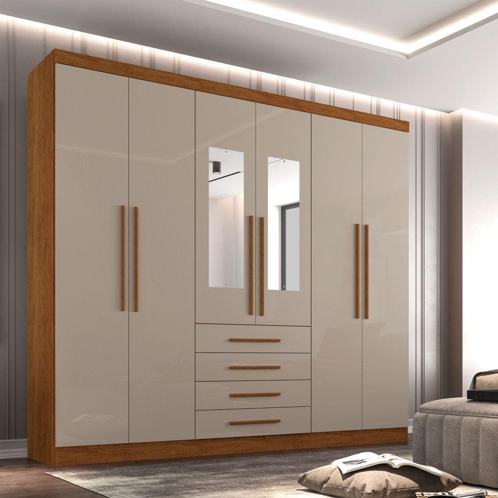 Guarda Roupa Casal com Espelho 6 Portas 4 Gavetas Lisboa Sallêto Móveis - Cinamomo/Off