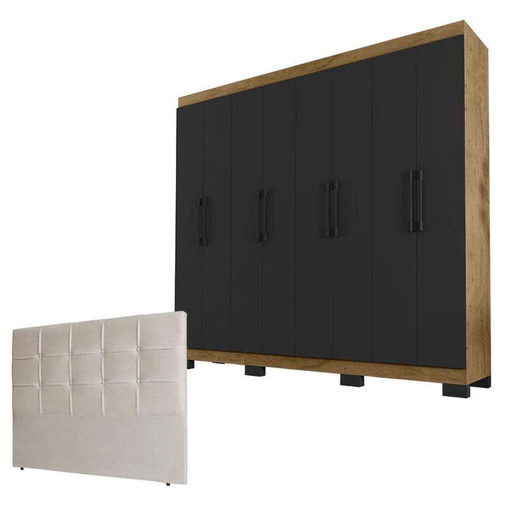 Guarda Roupa Casal B2348 Freijó Carbono e Cabeceira Luiza 140 cm Marfim Suede - Araplac
