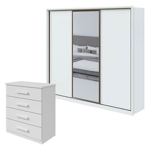Guarda Roupa Spazio 270 com Espelho e Cômoda Baião Branco Brilho - Lopas