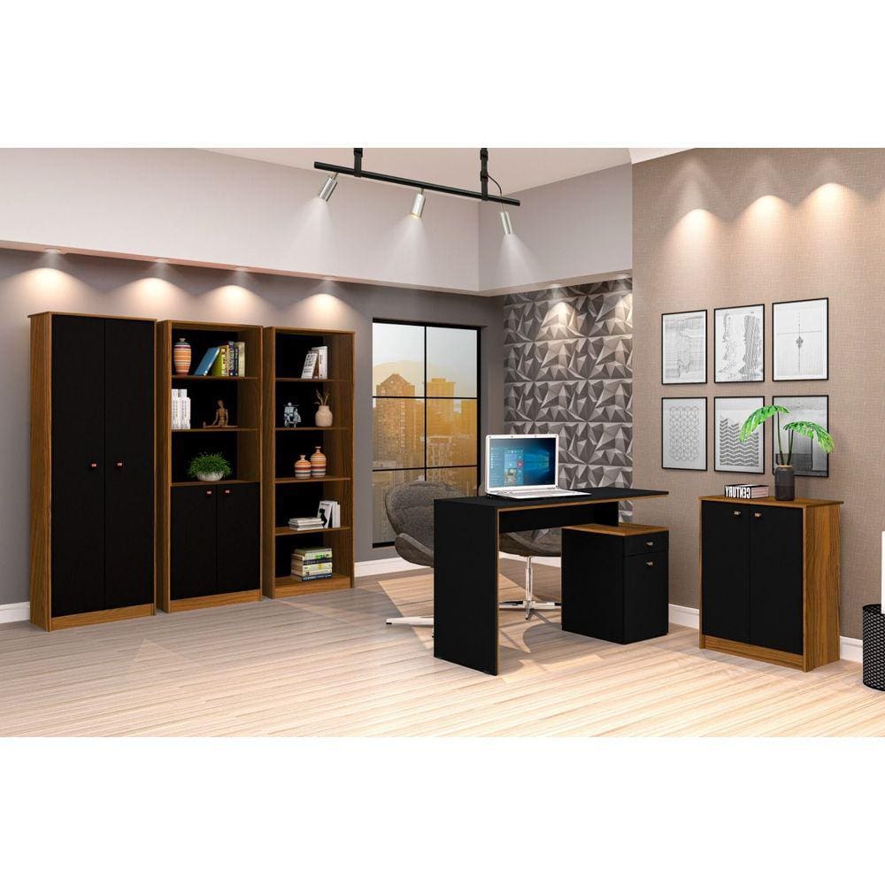 Conjunto 3 Armários Organizador e 1 Mesa Escrivaninha Office 1 Balcão Escritório Preto com Freijó - Rede Móveis