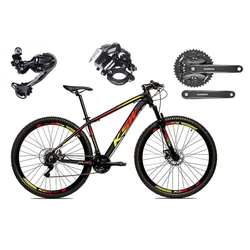 Bicicleta Aro 29 Ksw Xlt Alumínio Câmbio Traseiro Shimano Deore e Altus 27v Freio Hidráulico Garfo Com Trava - Preto\Vermelho\Amarelo