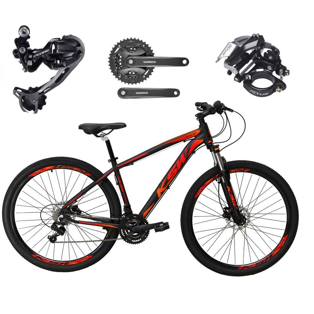 Bicicleta Aro 29 Ksw Xlt Alumínio Câmbio Traseiro Shimano Deore e Altus 27v Freio Hidráulico Garfo Com Trava - Preto\Vermelho\Laranja