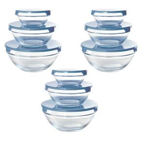 Conjunto 9 Potes Tigela Vidro Tampa Azul Class Home