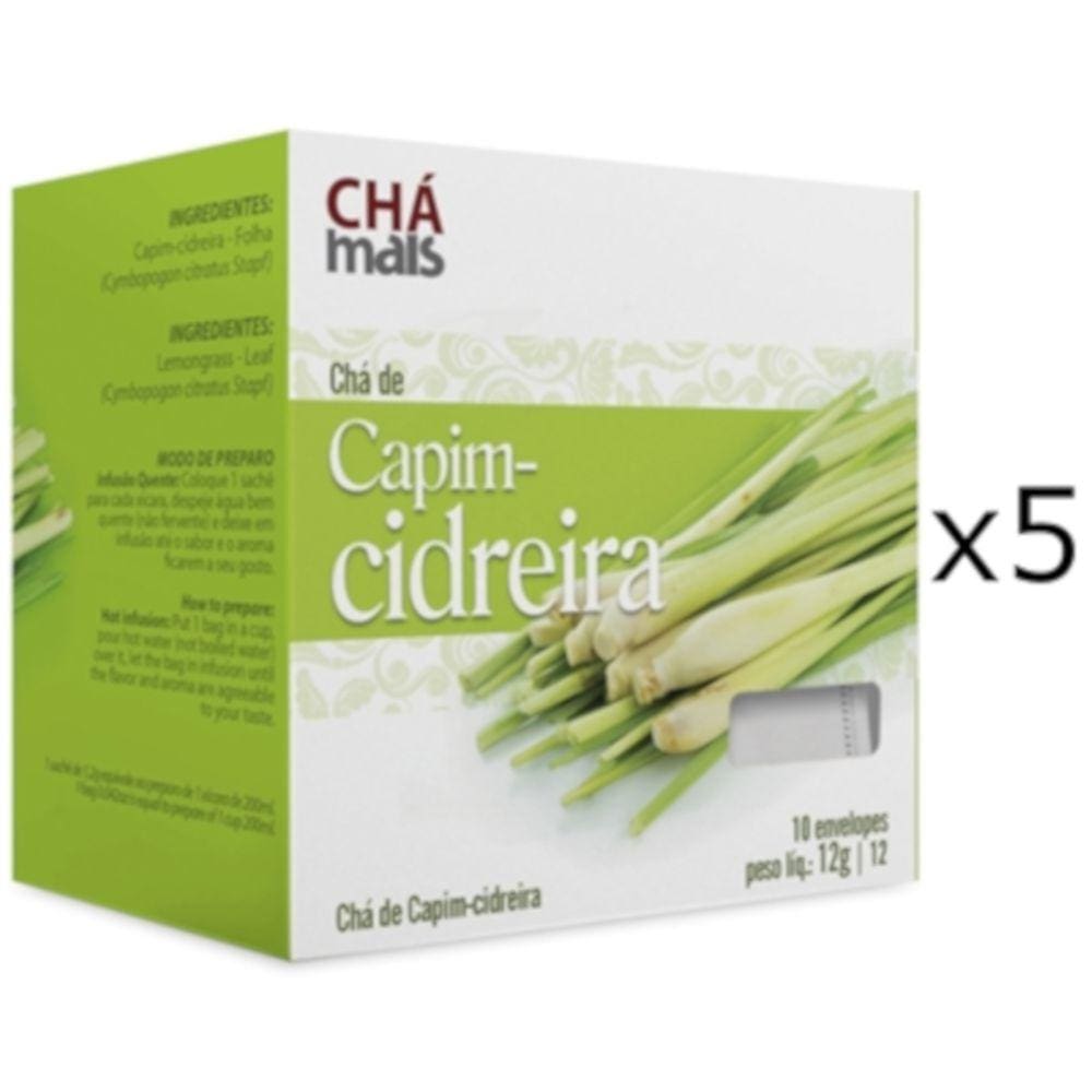 Chá de Capim-Cidreira Natural Kit com 5 Caixas de 10 Sachês cada