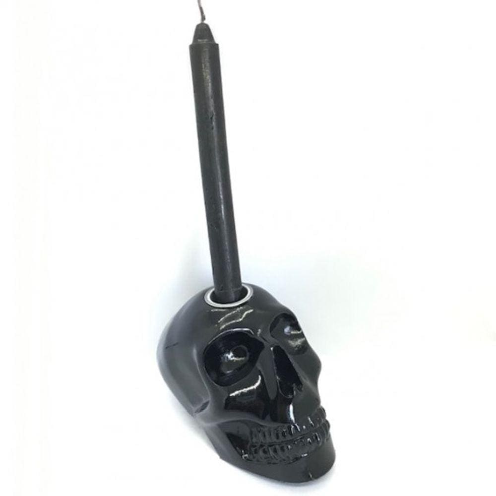 Imagem Crânio Porta Preto Velas Escultura Resina 10 cm