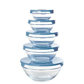Conjunto 5 Potes Tigela Vidro Tampa Azul Class Home