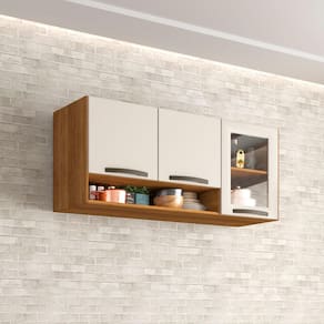 Armário Aéreo 3 Portas De Bater Vidro Reflecta Valência Sallêto Móveis Cinamomo/Off