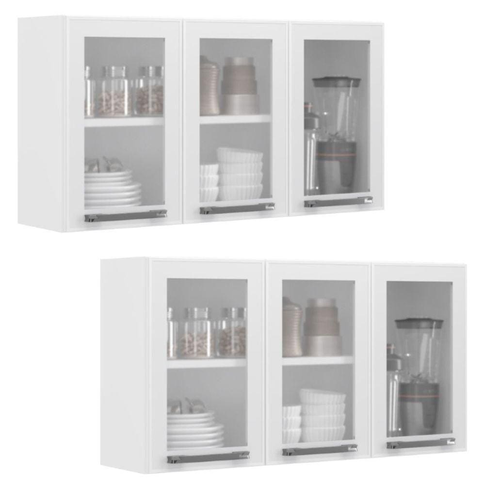 Conjunto 2 Armários de Cozinha Aéreos Itatiaia Aço 3 Portas Com Vidro Florença Branco Neve