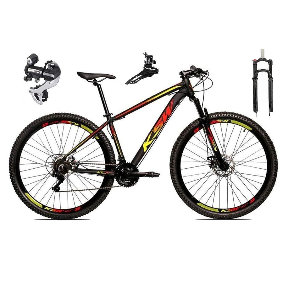  Bicicleta Aro 29 Ksw Xlt 24v Câmbio Tras. Shimano Acera K7 Garfo Trava Freio a Disco - Preto\\Vermelho\\Amarelo 