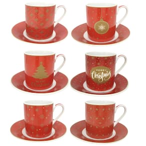 Jogo 6 Xícaras Com Pires Porcelana Fina Decorado Natal Prime