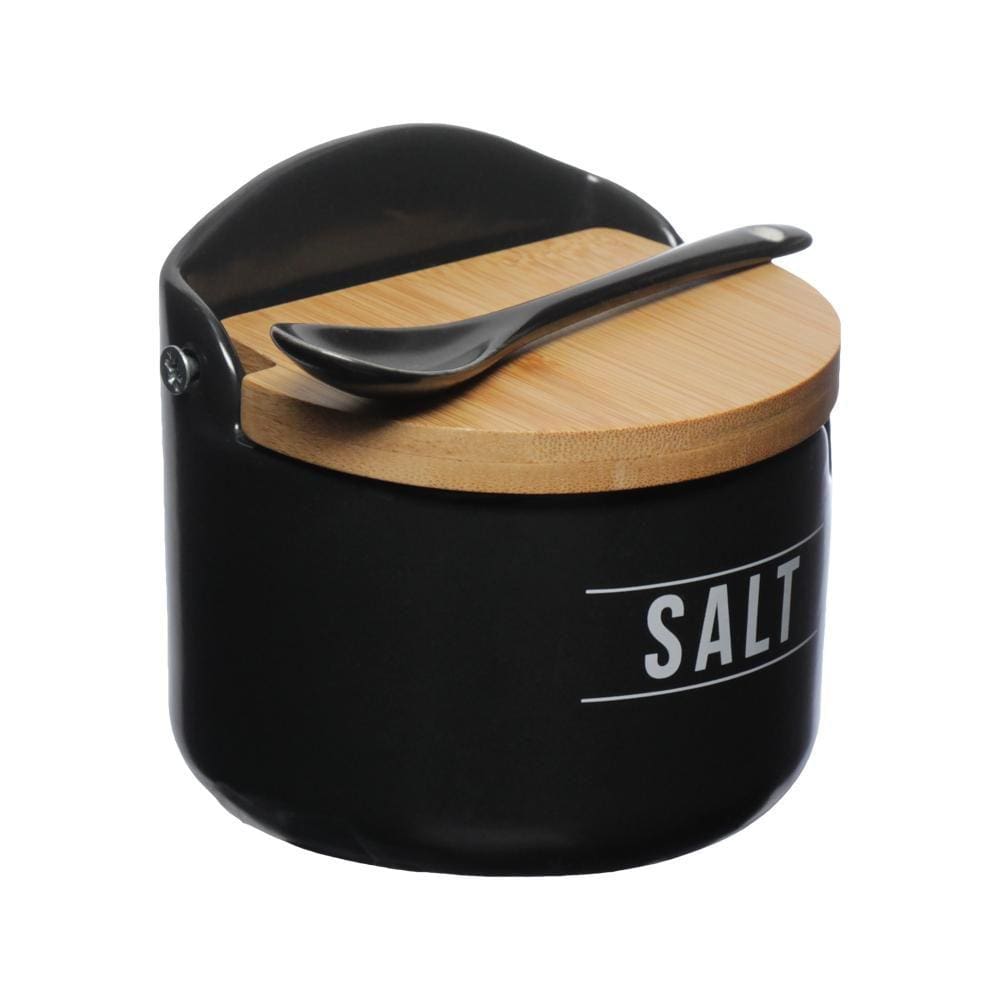 Saleiro de Porcelana com Tampa De Bambu e Colher Preto