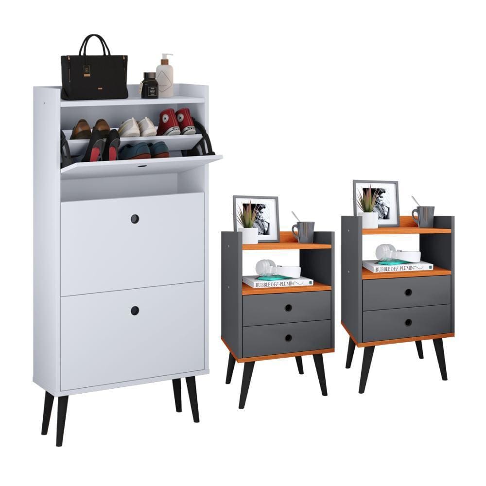 Kit Sapateira Vertical 3 Gavetas Basculantes Dark Branco e 2 Mesinhas Canto Quarto Nicho Decorativo Dream Cinza/Cinamomo RPM