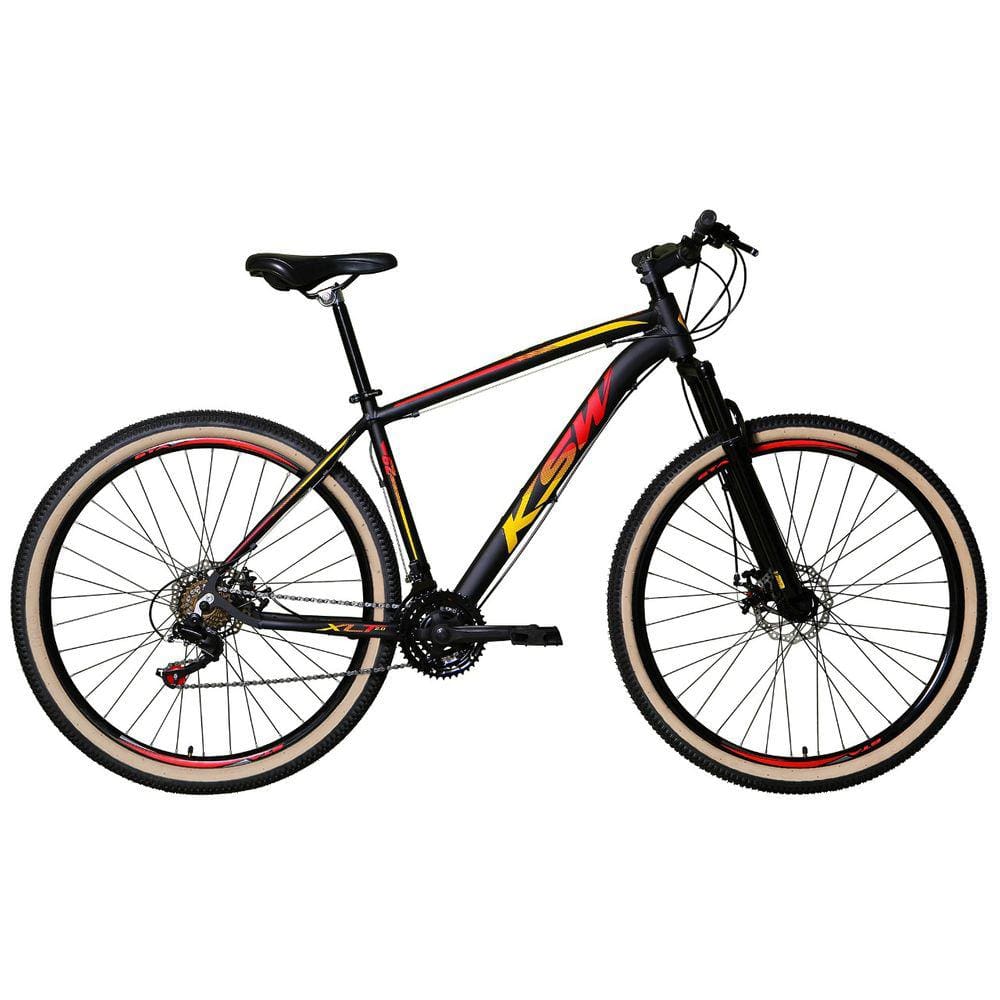 Bicicleta Aro 29 Ksw Xlt 24v Freio a Disco Garfo Com Suspensão Mtb 29 Alumínio Pneu com Faixa Bege - Preto\\Vermelho\\Amarelo