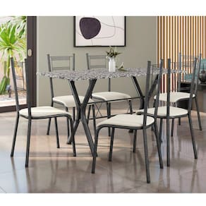 Conjunto Mesa Miami 150cm Granito 6 Cadeiras Santiago Assento Courino Preto/Prata/Off White