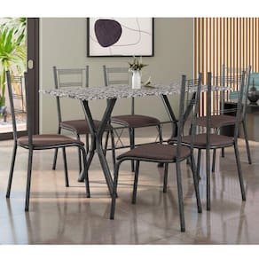 Conjunto Mesa Miami 150cm Granito 6 Cadeiras Santiago Assento Courino Preto/Prata/Cacau