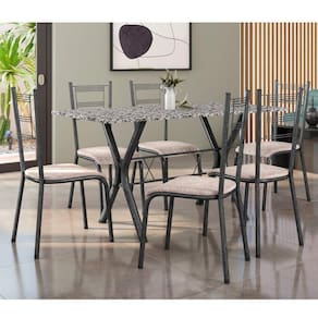 Conjunto Mesa Miami 150cm Granito 6 Cadeiras Santiago Assento Courino Preto/Prata/Trançado Bege