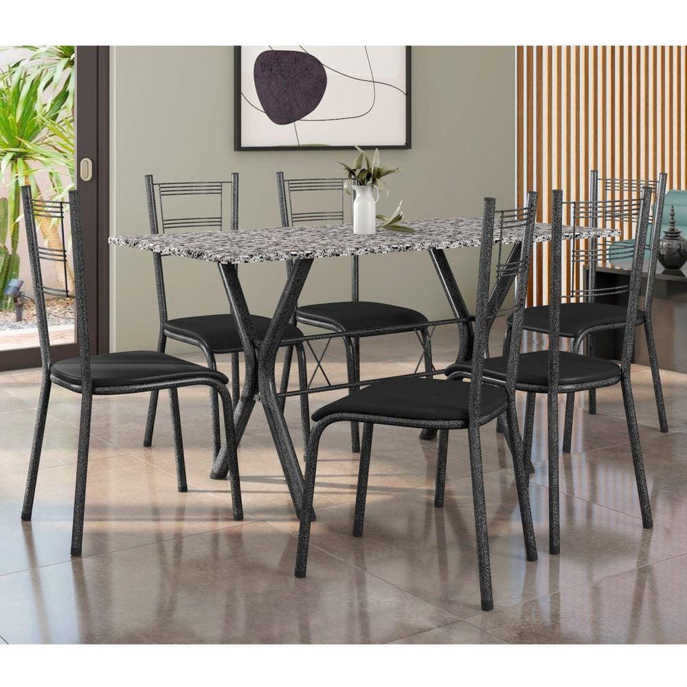 Conjunto Mesa Miami 150cm Granito 6 Cadeiras Santiago Assento Courino Preto/Prata