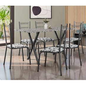 Conjunto Mesa Miami 150cm Granito 6 Cadeiras Santiago Assento Courino Preto/Prata/Urban PB