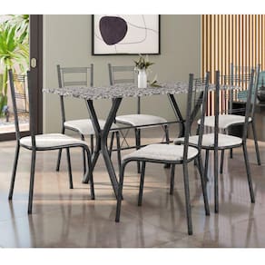 Conjunto Mesa Miami 150cm Granito 6 Cadeiras Santiago Assento Courino Preto/Prata/Floral Bege