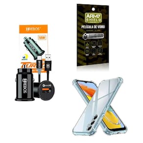 Kit Carregador Veicular Turbo 18w com Capinha Galaxy M14 5g 6.6" + Película 3D