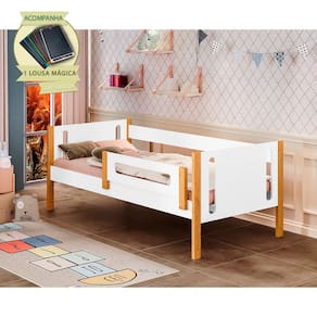 Cama de Solteiro Mirela Branco/amêndoa com Grade de Proteção Incluso Lousa Mágica